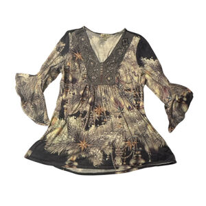 Vintage One World L Multi-color Christmas Tree Print Tunic Top